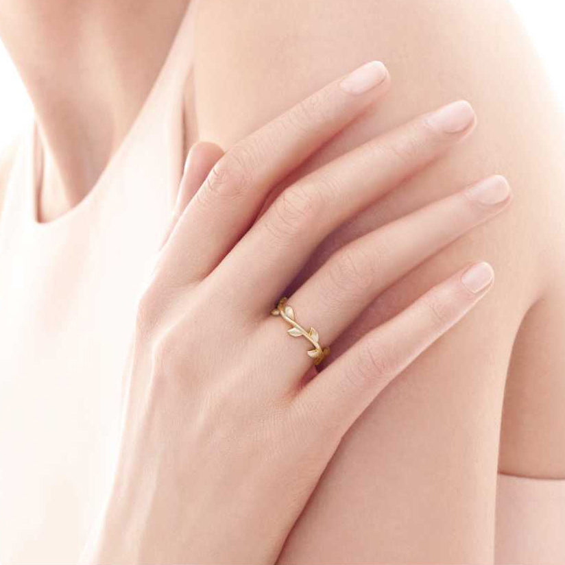 TIF65180191 narrow version light gold olive branch ring