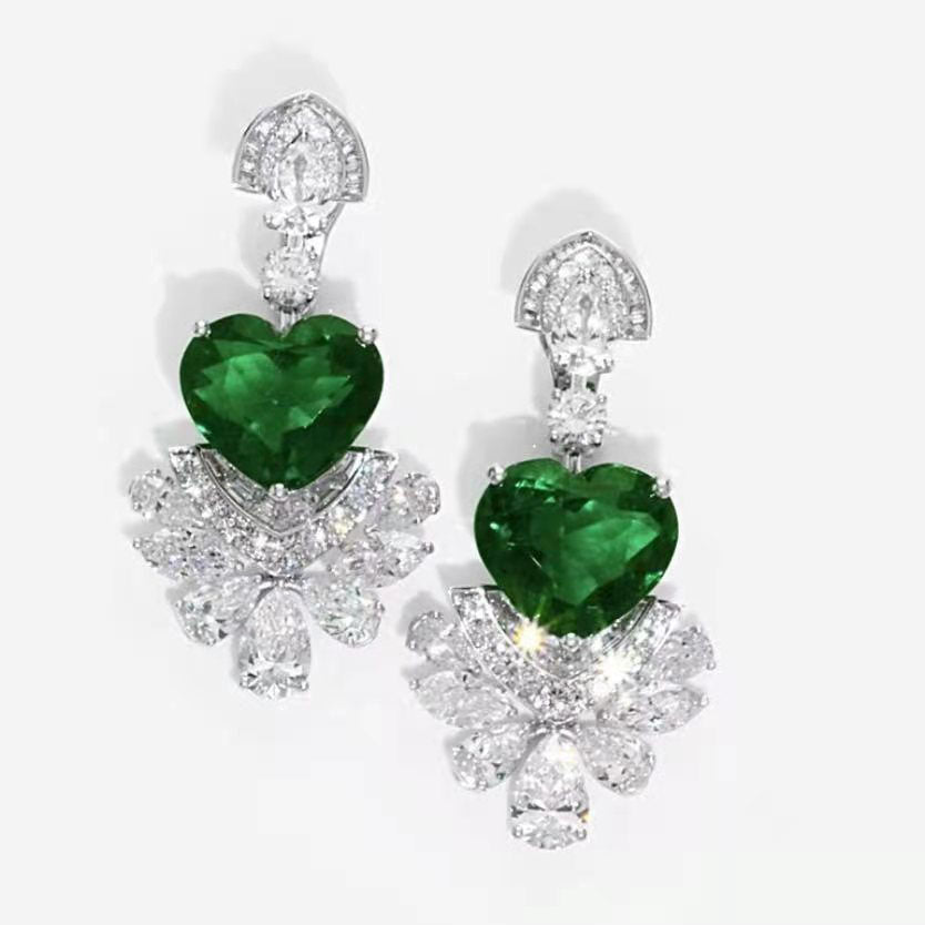 GLF-8299004 Heart Shape Emerald Diamond Sector Earrings
