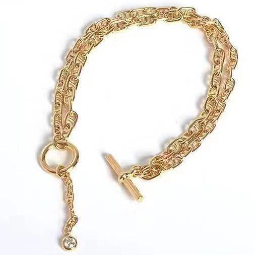 爱H仕-15G026361猪鼻子单钻光金日字双手链(链长17cm)