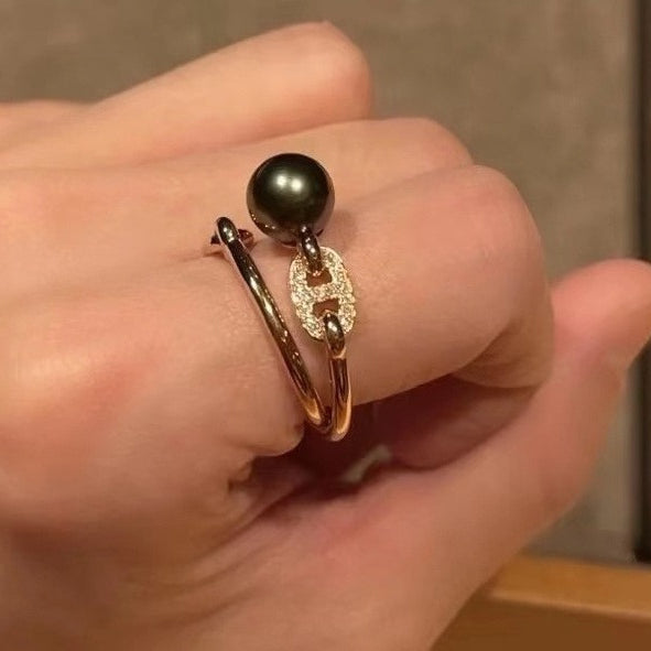 AiHshi-H266914B stone-set Japanese double-arm pearl ring 12#