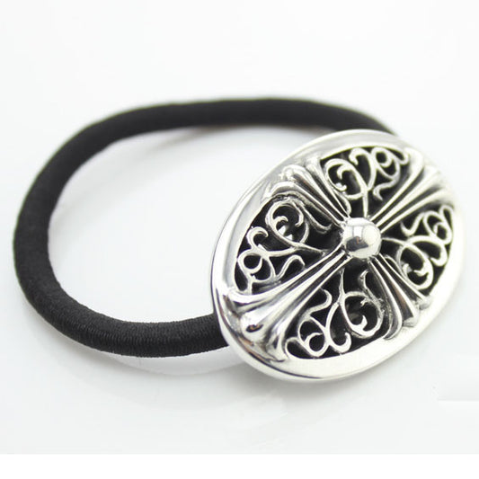 KLX-SZ96063820 light gold cross thatch black rope bracelet