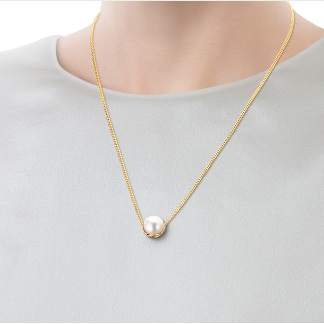 TSQ-PC-16175 Denim Chain Light Gold Small Pearl Tie Chain Pendant Necklace