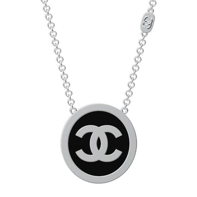XNE-CNCP008 18mm Double C Black Marble and White Shell Tie Chain Pendant Necklace