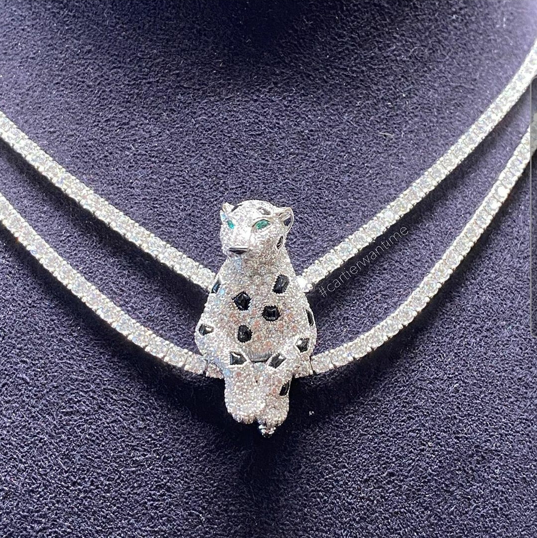 KDY-H7000539 double row chain cross feet leopard brooch necklace two wear style