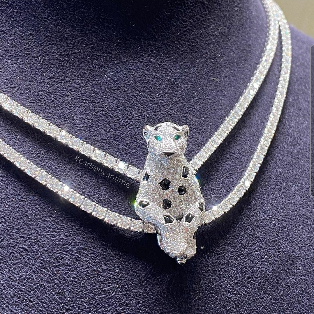 KDY-H7000539 double row chain cross feet leopard brooch necklace two wear style