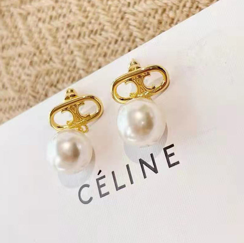 SL-ES67378407 Double C Pearl Stud Earrings (Pearl 13mm)