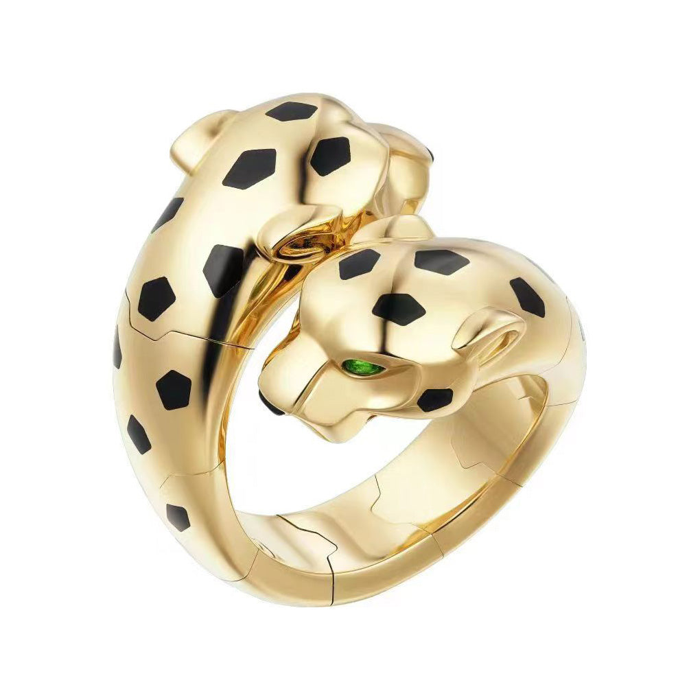 KDY-N4780900 open bright gold roll full diamond double-headed leopard agate ring