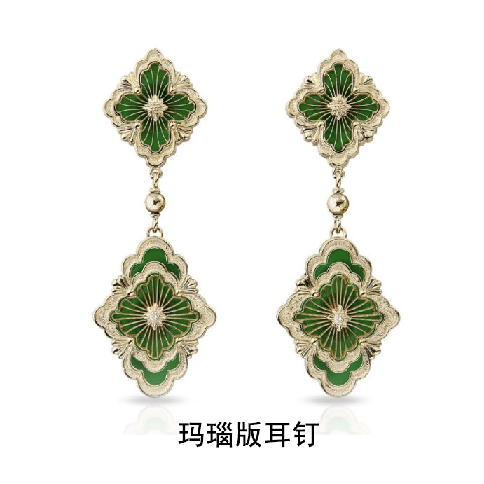 BQLT European double flower four-leaf clover earrings agate version earrings 19x54mm