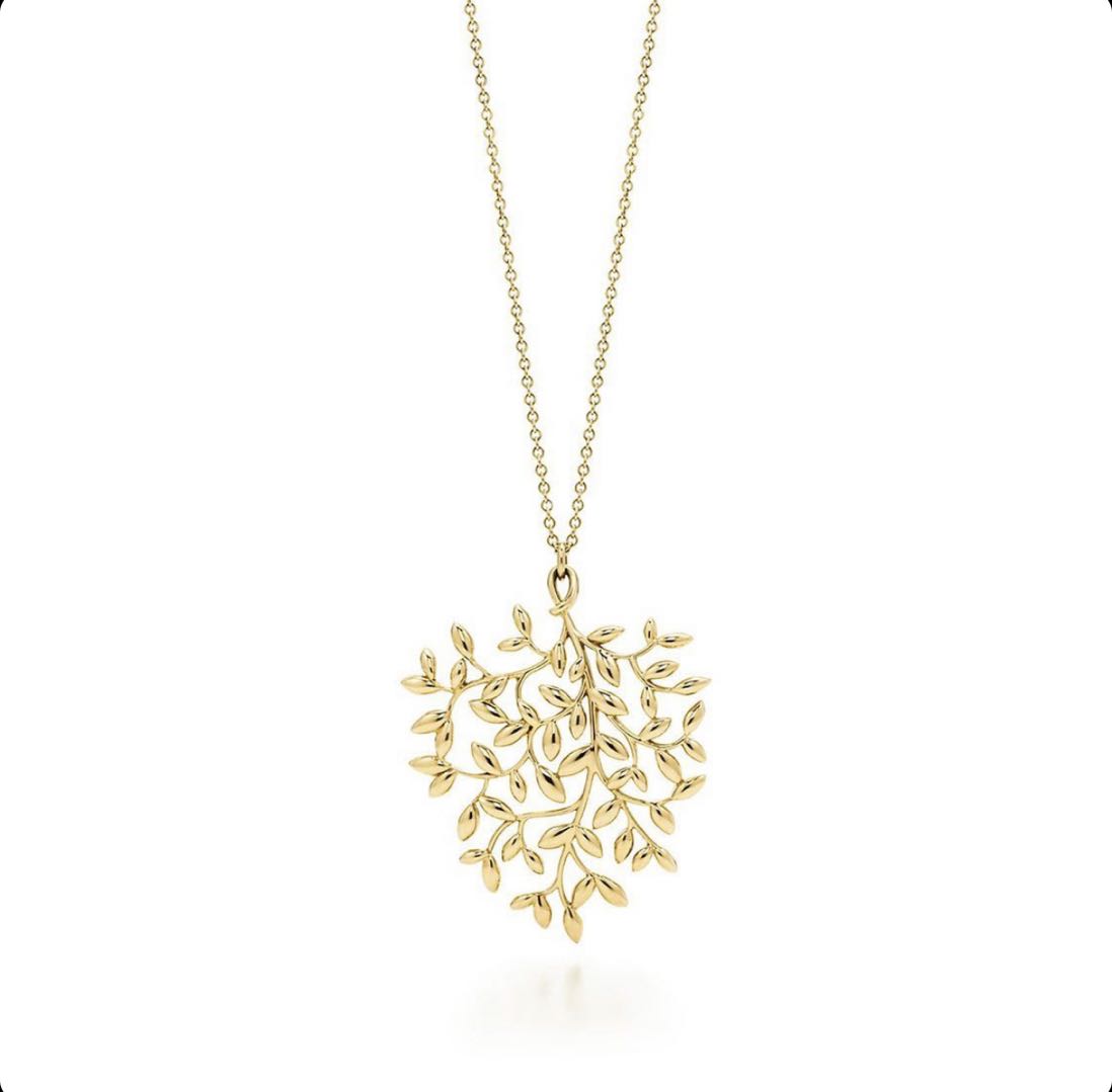 TIF87292379 Large light gold olive leaf pendant