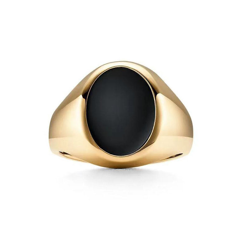 TIF65034624 egg-shaped black agate light gold ring