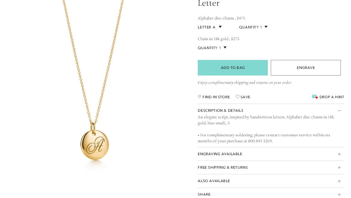 TIF31292378 light gold letter A disc pendant