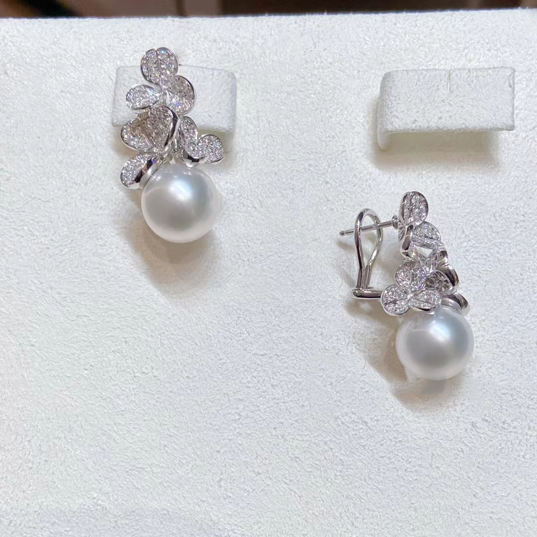 YMB-YE529231三叶满钻花珍珠耳环珍珠12MM