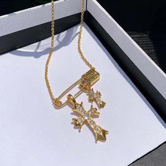 KLX-5489441 light gold cross paper clip bolt chain pendant necklace