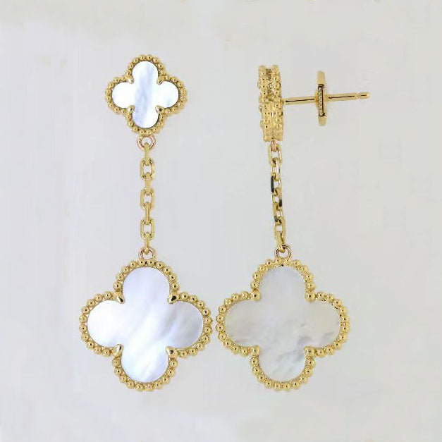 VCA528945 10MM15MM agate four-leaf clover combination long chain double grass earrings