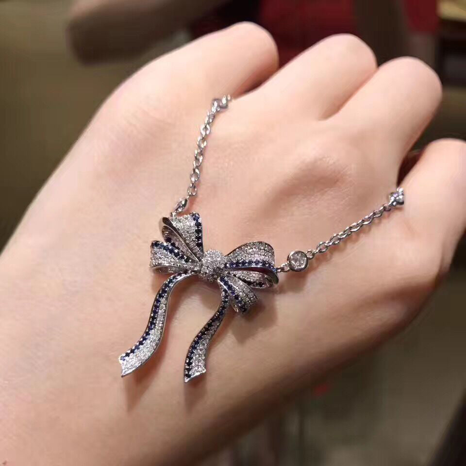 XNE-J42675 Full Diamond Bow Tie Chain Pendant Necklace