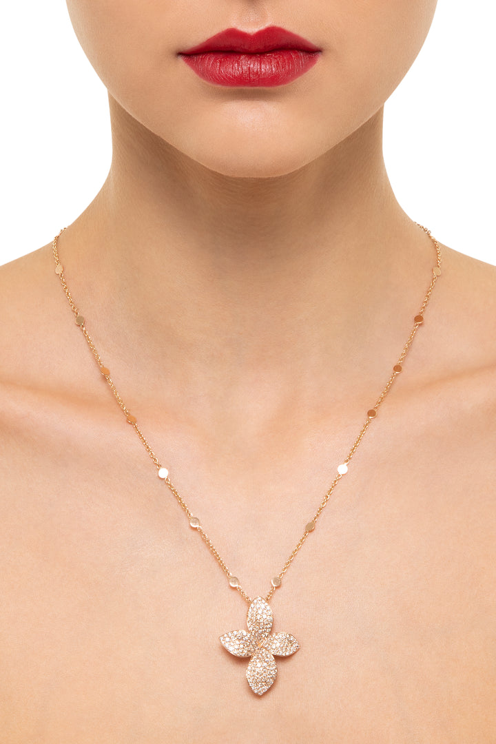PB-16458R full diamond honeycomb bottom four petal pendant necklace