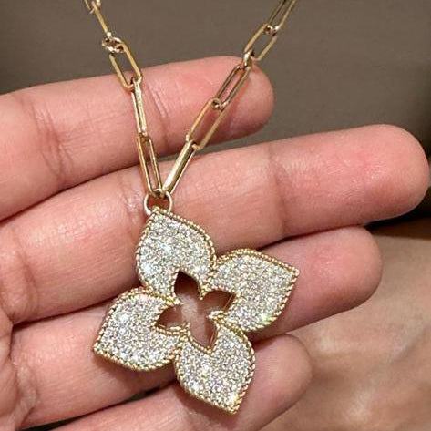 LBT-ADR777CL3316 34MM大版镂空密钻飞标形四叶草花项链