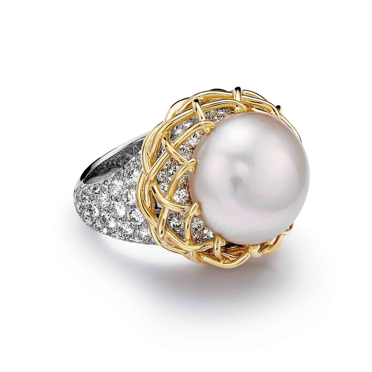 TIF-73071143 Fishnet Pearl Wave Surface Branch Grid Colored Pearl Full Diamond Ring 14#