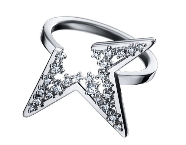 TSQ-694-abstract star ring-3, diamond-set, light gold arm