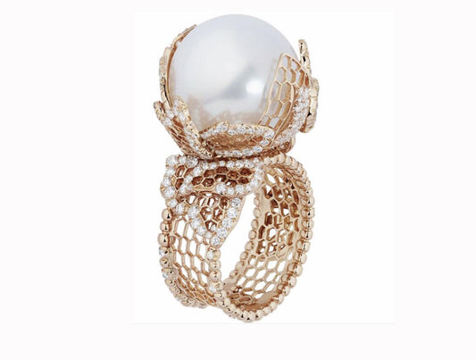 BQLT-JZ934779B021 Honeycomb Lace Mesh Leaf Pearl Ring