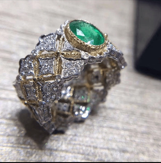 BQLT-JZ586139 Bezel-set lace wavy arm emerald ring