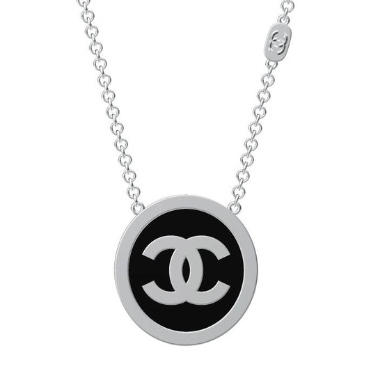 XNE-CNCP008 18mm Double C Black Marble and White Shell Tie Chain Pendant Necklace