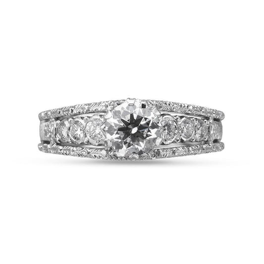 BQLT six-prong main diamond 0.8ct arm three bezel set flower ring wide hollow arm heart-shaped prongs