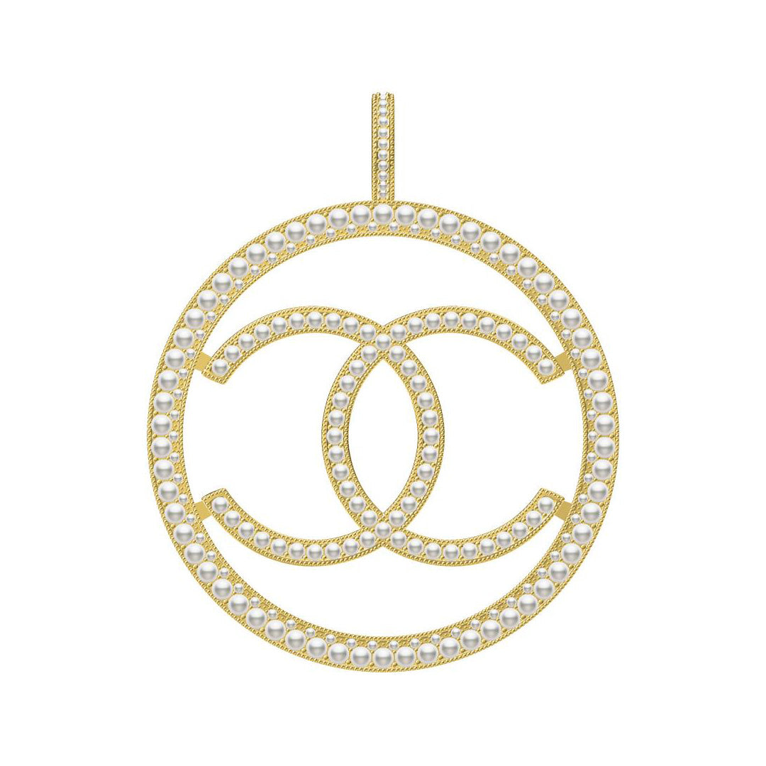 XNE-184477 55mm circle outer frame middle double C pearl pendant