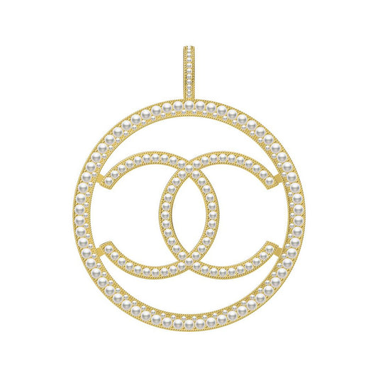 XNE-184477 55mm circle outer frame middle double C pearl pendant