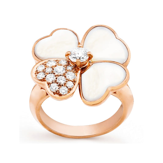 VCARO51Y00 About 18mm agate and diamond four-leaf clover ring