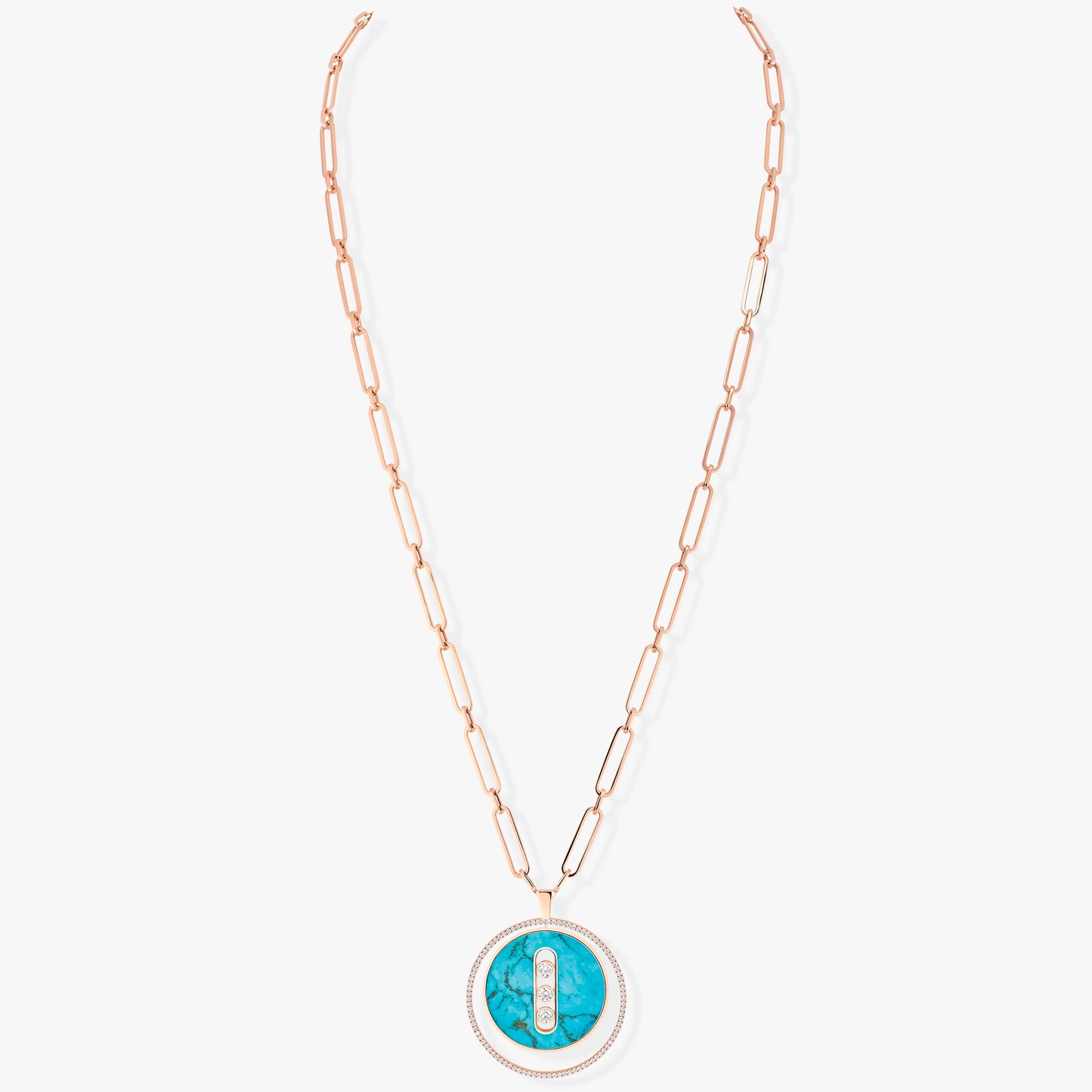 MSK-11720 round movable rotating pendant 43mm disc turquoise long necklace large model