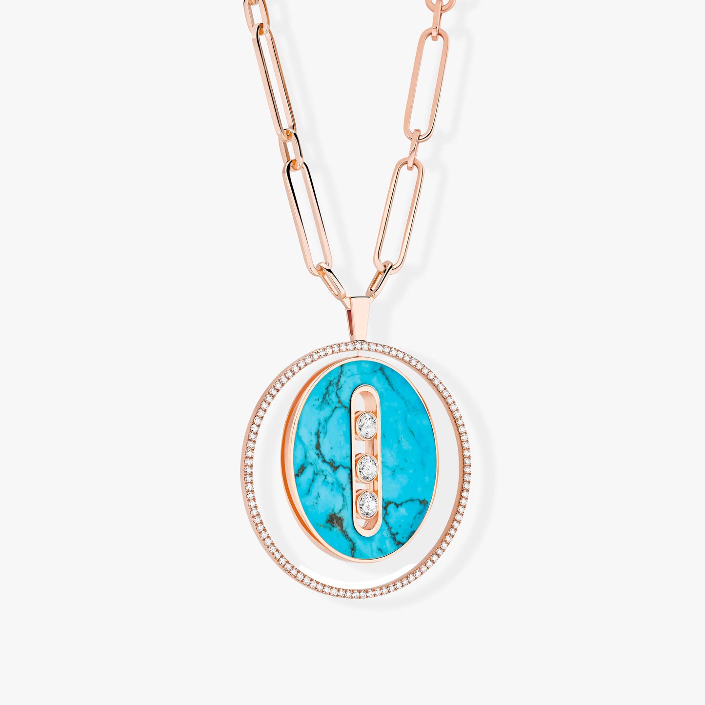 MSK-11720 round movable rotating pendant 43mm disc turquoise long necklace large model