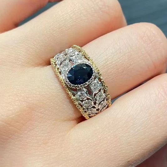 BQLT-RIN255859 Color-separated egg-shaped sapphire ring hollow wide arm