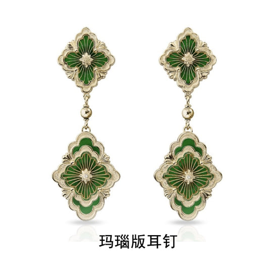 BQLT European double flower four-leaf clover earrings agate version earrings 19x54mm