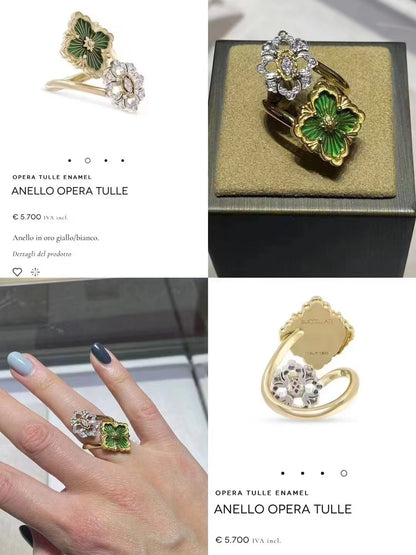 BQLT-RIN018032 European style four-leaf clover double flower head split color open enamel version ring