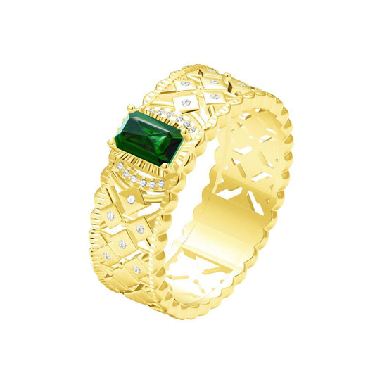 BQLT-RIN216874 emerald octagonal stone wide face rhombus hollow water wave edge straight arm ring guest version