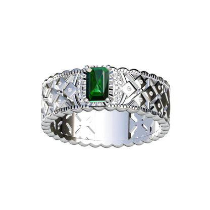 BQLT-RIN216874 emerald octagonal stone wide face rhombus hollow water wave edge straight arm ring guest version