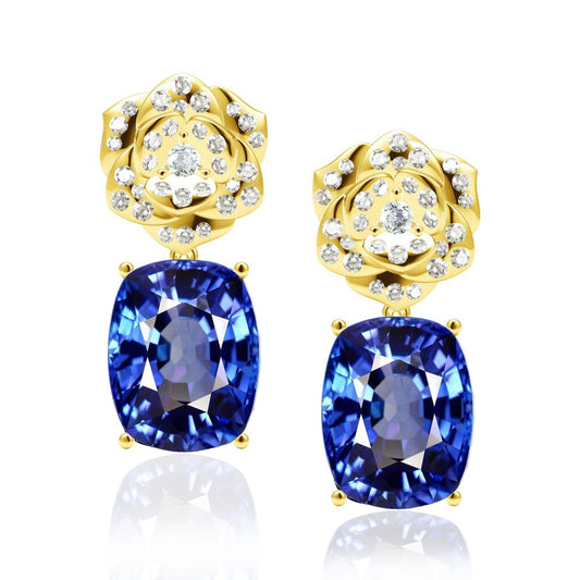 BJ-G38U7680 cushion-shaped sapphire flower stud earrings