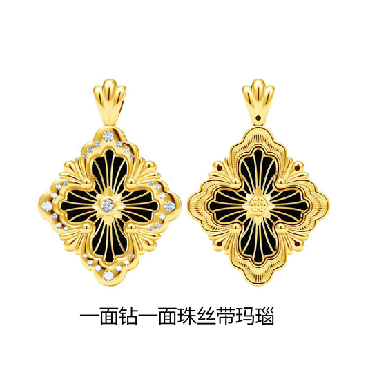 BQLT-PEN498131 gold ribbon agate one side diamond one side bead European style four-leaf clover pendant