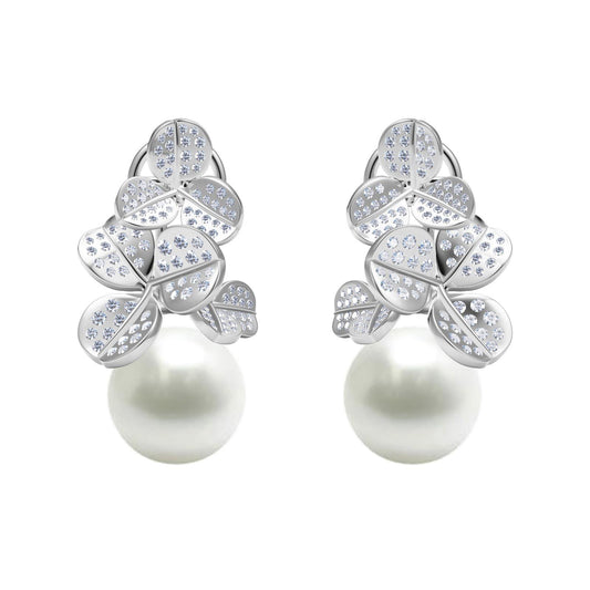 YMB-YE529231 Three-leaf full diamond flower pearl earrings pearl 12MM