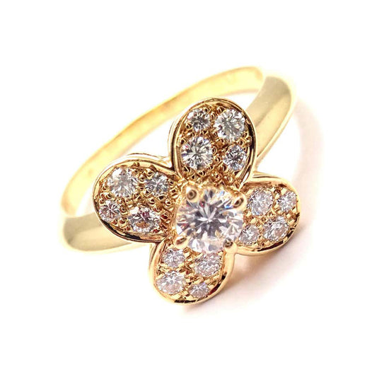 VCA22585034 four mechanical prongs set with diamond four-leaf clover light gold straight arm ring 16#