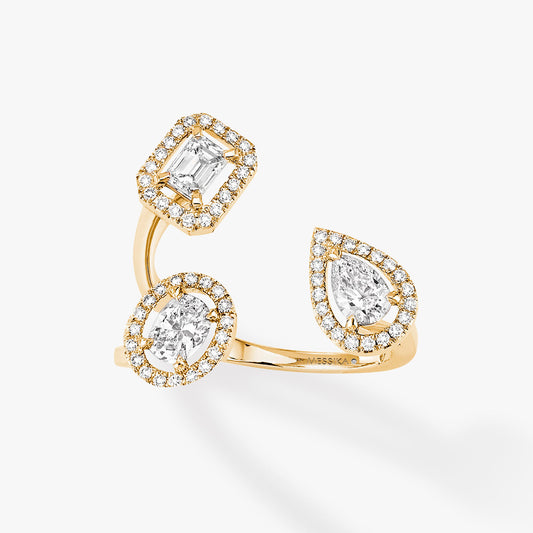 MSK-06695 water drop small octagonal shaped diamond surround stone 3 flower head opening light gold forked arm ring 14#
