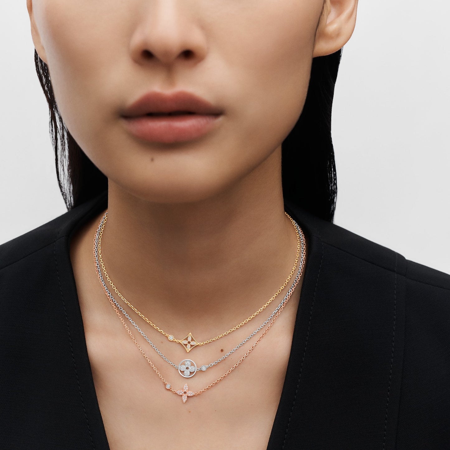 LV-Q93872 10mm wide dense stone four-leaf clover round petal stone clavicle chain tether pendant necklace