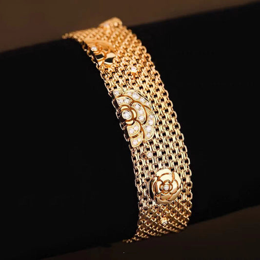 XNE-J91633 camellia woven gold bracelet 18.7mm wide