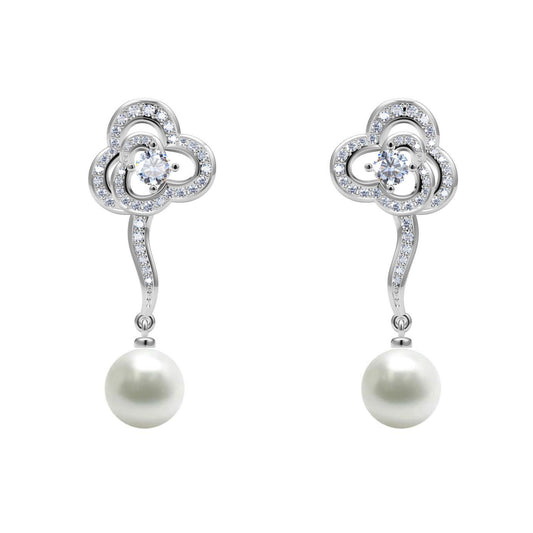 XNE-J11903 Pearl and Diamond Flower Earrings
