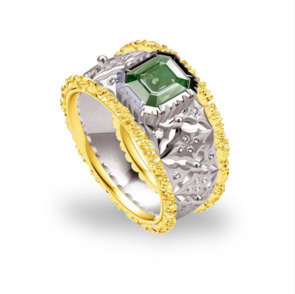 BQLT-RIN964612 bezel-set emerald wide face hollow straight arm ring main stone 5.4x6.45x3mm
