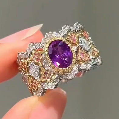 BQLT-RIN94397 16mm bezel-set color-coded center plum blossom lace edge ring 6.5#