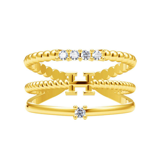 AiHshi-H208952B-H Letter Twisted Rope Beads Set with Diamond Three-line Arm Open Ring 15#