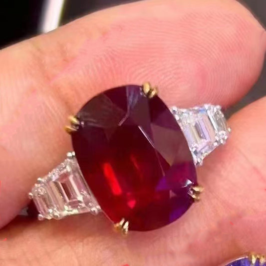 HW-191418 Cushion Ruby Double Step Diamond Double Straight Arm Ring 1+2