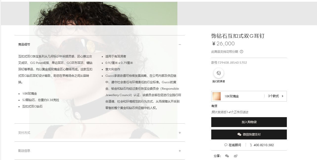 GC-729408 9.9mm钻石互扣式双G耳钉字母GG